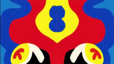 Simetrik kırmızı mavi soyut kabile maskesi deseni, çizgi film etnik yüz geometrisi, kalın düz şekiller, mor göz unsurları, psikedelik halk süsü, aynalı 2D dekoratif arka plan animasyonu