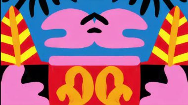 Mavi kıvrımlı katmanlı pembe ve kırmızı organik şekiller, sürreal simetrik kabile maskesi bileşimi, kalın psikedelik karikatür geometri, canlı etnik 2D dekoratif arka plan