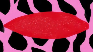 Siyah zebra deseni üzerinde kırmızı sürreal yaprak şekli, pembe arkaplan, kalın pop sanat karikatürü soyutlaması, grafik simetrik kompozisyon, etnik esinlenilmiş dekoratif 2D animasyon arka plan