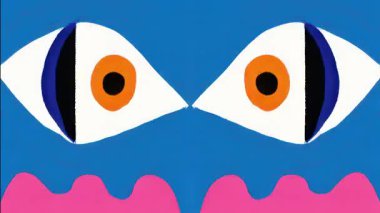 Çokrenkli Geometrik Gözlü Mavi Arkaplan, Kırmızı Pembe Sarı Bölümler, Soyut Simetrik Yüz Tasarımı, Kalın Düz Renkli Retro Çizgi Çizgi Çizim Biçimi