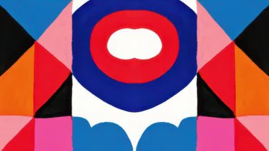 Merkezi Hexagon Şekli Kırmızı Mavi Beyaz Geometrik Simetri, Soyut Kalın Renk Kompozisyonu, Düz Modern Grafik Arkaplan, Retro Dekoratif Desen