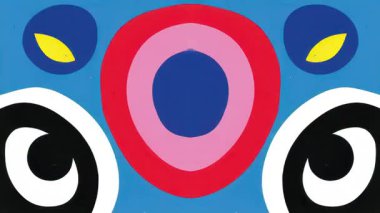 Soyut maske bileşimi gibi mavi ve kırmızı simetrik yüz, sürreal etnik geometri deseni, güçlü kontrastlı ve süs amaçlı kabile esinlenmiş kalın karikatür 2D düz tasarım