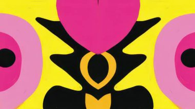 Sarı arka planda pembe kalp ve siyah siluet şekilleri, sürreal etnik çizgi film kompozisyonu, kalın renk kontrast ve minimal el çizimi estetik ile simetrik soyut 2D düz desen