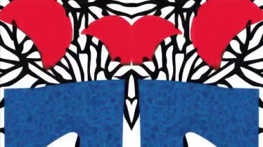 Kırmızı organik şekilli simetrik zebra deseni ve mavi soyut vuruşlar, siyah beyaz hayvan desenli arka plan, kalın sürreal karikatür kompozisyonu, etnik geometri esinlenilmiş 2B düz desenli animasyon