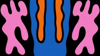 Aynalı organik karikatür şekilleri dikey mavi şeritli, pembe ve sarı soyut düz formlar siyah zemin üzerinde, sürreal simetrik 2B vektör deseni