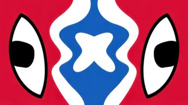 Sürreal aynalı göz geometrik desen, düz arkaplan üzerinde kırmızı beyaz simetrik şekiller, etnik titreşim süsleme tasarımı, kalın çizgi film vektör bileşimi