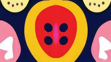 Kırmızı ve sarı organik şekilli sürreal oval geometrik süslemeler, aynalı etnik simetri, kalın çizgi film düz deseni, desenli tahıl ve stilize modern tasarım ile soyut kabile dekoratif 2D kompozisyon