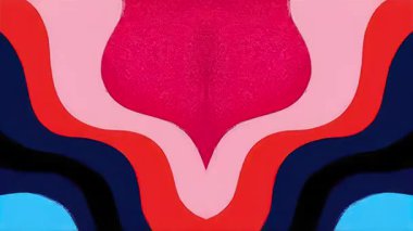 Organik kırmızı ve turuncu taç yaprağı şekilli sürreal etnik 2D süsleme, aynalı karikatür simetrisi, kalın düz kabile geometrisi, desenli tahıl ve stilize süsleme kompozisyonu ile dekoratif soyut deseni