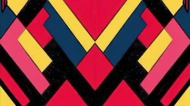 Kalın geometrik zigzag desenli katmanlı semboller kırmızı, mavi ve siyah, sürreal etnik soyut süs, düz 2D karikatür vektör tarzı arka plan animasyonu