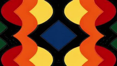 Gerçeküstü simetrik 2D etnik geometrik desen, koyu kırmızı dalgalı turuncu çizgiler, siyah arkaplanda orta mavi elmas şekli, düz çizgi film soyut süs kabile tasarımı, retro modern dekoratif duvar kağıdı