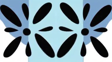 Simetrik soyut çiçek geometrisi, açık mavi arkaplanda siyah taç yaprağı şekilleri, sürreal 2D süsleme deseni, etnik kabile esinlenilmiş düz çizgi film tasarımı, kalın minimal grafik dokusu