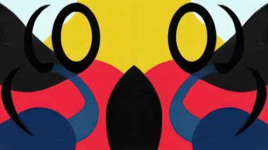 Soyut sürrealite simetri kompozisyonu, sonsuz döngü şekilleri, organik eğri biçimler, düz çizgi film geometrisi, koyu kırmızı mavi renk alanları, etnik süsleme titreşimi, modern 2D grafik arkaplan