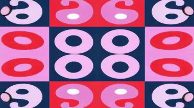 Gerçeküstü 2D geometrik kalıplar, simetrik karikatür soyut şekiller, oval döngüler ızgara düzeni, pembe kırmızı donanma renk blokları, retro süslemeli mozaik tasarım, düz grafik kabile atmosferi arka planı
