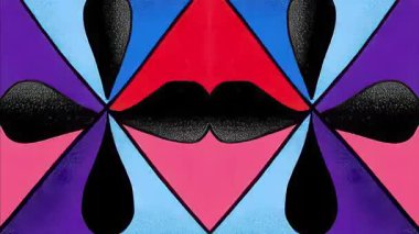 Geometrik soyut simetri ile kırmızı elmas, siyah parlak şekiller, mor ve mavi arkaplan, minimal çizgi film grunge dokusu, kalın el çizimi desen tasarımı