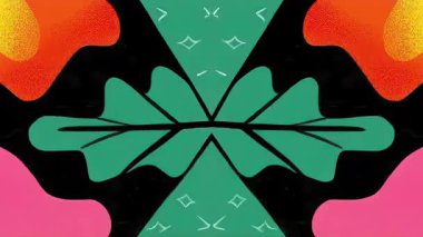 Simetrik soyut botanik şekil, aynalı yaprak formu, yeşil turuncu pembe renkler, dekoratif organik tasarım, halk esinlenilmiş grafik tarzı, kalın düz çizim animasyonu, modern sanatsal arkaplan