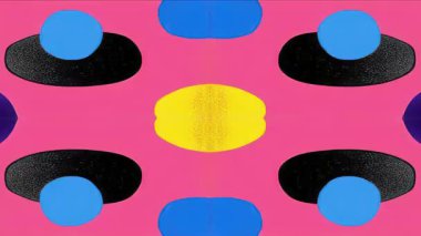 Soyut oval desen, mavi siyah sarı şekilli pembe arkaplan, simetrik düzen, kalın düz renkler, oyuncu modern tasarım, tekrarlayan grafik unsurlar, düz animasyon kompozisyonu