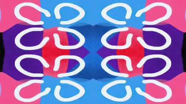 Simetrik soyut desen, aynalı organik döngüler, mavi mor renk blokları, el çizimi eğriler, kaleydoskop düzeni, kalın grafik şekiller, ritmik yineleme, modern dekoratif animasyon, kusursuz görsel simetri