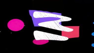 Siyah arkaplanda soyut renkli kabarcıklar, katmanlı organik şekiller, yumuşak yuvarlak formlar, pembe sarı cyan elementler, yüzen boya benzeri noktalar, minimum bileşim, modern soyut animasyon, düz hareket şekilleri, kalın kontrast tasarım