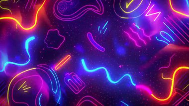 Parlak neon karalama arkaplanı, renkli karalama şekilleri, parlayan soyut semboller, parlak ışık saçan çizgiler, oyuncu dinamik vektör çizimi