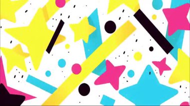 Yıldızlı ve soyut şekilli Memphis Geometrik Deseni, 2D Animasyon, Vektör Düz Stili, Beyaz Arkaplanda Sarı Mavi Elementler