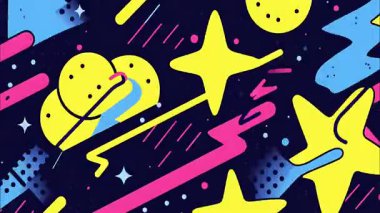 Renkli Yıldız ve Kuyruklu yıldız desenleri, 2D animasyon, Vektör Düz Stili, Memphis Geometrik Şekiller, Sarı Yıldızlar Mavi Çizgiler Karanlık Arkaplanda Mavi Elementler