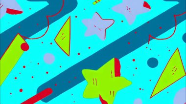 Oyuncu soyut vektör şablonu, yeşil ve kırmızı üçgenli düz 2D animasyon, Memphis stilinde siyan arkaplan geometrik kompozisyonu