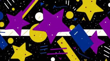 Yıldız deseni 2D animasyon, vektör düz renk geometrik şekiller, siyah zemin üzerinde sarı ve mor yıldızlar, Memphis pop sanat kompozisyonu