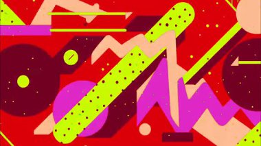 Kalın kırmızı soyut vektör arkaplan, düz 2D animasyon deseni, neon yeşil köşegen çubuk, pembe daireler ve geometrik şekiller, Memphis tarzı grafik kompozisyon