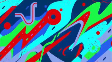 Renkli soyut 2D animasyon, vektör düz zigzag deseni, kırmızı daire aksanı, mavi ve yeşil geometrik şekiller, dinamik Memphis tarzı arkaplan