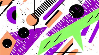 Soyut 2D animasyon şablonu, vektör düz geometrik kompozisyon, mor köşegen şerit, yeşil ok şekli, siyah daireler, şeftali elemanları, minimal Memphis tasarım arka plan