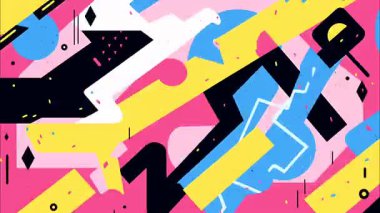 kaotik soyut kolaj, kalın grafik şekiller, renkli açısal şekiller, dinamik bileşim, pop sanat enerjisi, yüksek kontrast düz tasarım, dışavurumsal soyut model, modern sanatsal arkaplan