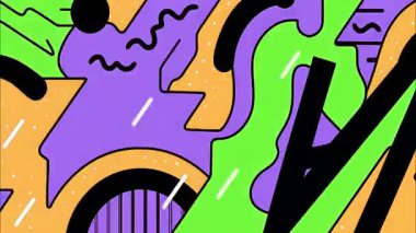 cesur soyut çizgi film şekilleri, düz renkli formlar, grafiksel eğlenceli kompozisyon, kalın dış hatlar, modern pop sanat tarzı, canlı geometrik desen, yüksek kontrast renkleri, temiz vektör görünümü, eğlenceli soyut arkaplan