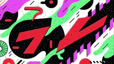 Memphis stili soyut vektör arkaplanı koyu kırmızı geometrik şekiller düz çizgi film retro pop grafik kompozisyonu renkli oyuncu şablonu