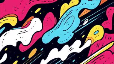 Soyut çizgi film pop sanat arka planı, pembe mavi organik şekiller, kalın siyah çizgiler, dinamik akışkan formlar, komik stil vektör illüstrasyonu, renkli grafik sıçrama unsurları, retro 90 'ların Memphis tasarımı, oyuncu soyut desen