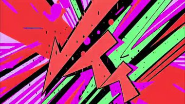 Soyut komedi enerji patlaması arka planı, keskin şimşek şekilleri, katmanlı çapraz parçalar, canlı neon renkler, kaotik çizgi film hareketleri, pop sanat tarzı elektrik patlaması, çarpıcı görsel zıtlık ve güçlü görsel ritimle dinamik soyut şablon