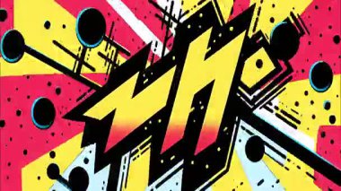 Soyut çizgi film karikatür şekilleri, kalın zigzag enerji formları, pop sanat patlaması tarzı, sarı kırmızı siyah kontrast, dinamik açısal semboller, grafik güç patlaması deseni, el çizimi illüstrasyon görünümü, geçmişe dönük komik arkaplan