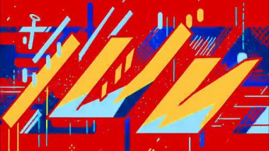 Soyut çizgi film şekilleri, kalın zigzag formları, düz geometrik elementler, canlı kırmızı arkaplan, sarı enerji civataları, mavi grafik aksanlar, komik tarz hareketli grafikler, dinamik soyut desen, modern pop sanat animasyonu arka plan