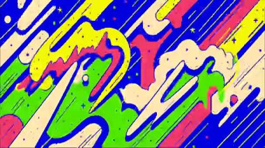 Soyut karikatür dalga deseni, akıcı sıvı şekiller, sarı eğriler, mavi arkaplan, eğlenceli organik biçimler, komik hareket grafik dokusu, pürüzsüz soyut hareket, koyu renk kontrastı, enerjik resimli model arkaplan