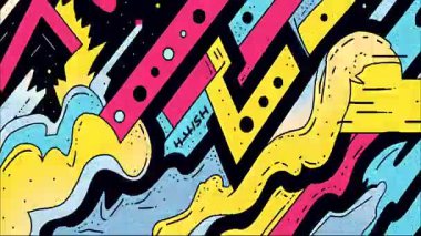 soyut mizah tarzı arka plan, renkli dalgalı şekiller, kalın grafik çizgiler, sarı mavi palet, oyuncu çizgi film çizimleri, dinamik hareket deseni, pop sanatı esinlenilmiş tasarım, 2d soyut animasyon dokusu, enerjik görsel kompozisyon