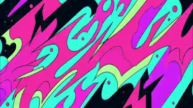 Soyut karikatür dalga deseni, pembe neon akış şekilleri, siyah arkaplan, komik tarz eğrileri, canlı pop sanat renkleri, düz 2D illüstrasyon, dinamik hareket dokusu, oyuncu ve soyut arka plan tasarımı