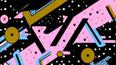 Patlayıcı graffiti karikatür karikatürü Geometrik 2D şekiller funky düz vektör soyut arka plan, pembe taban, siyah cyan sarı mor açı çizgiler çizgiler zigzag çizgiler nokta daireler üçgenler, kaotik el çizimi desenler