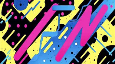 Cesur soyut graffiti karikatür çizimleri geometrik 2D şekiller funky düz vektör retro arkaplan, sarı taban, siyah cyan pembe turuncu parlak fırça darbesi zigzag çizgileri çizgiler nokta daireleri, el çizimi çizimleri