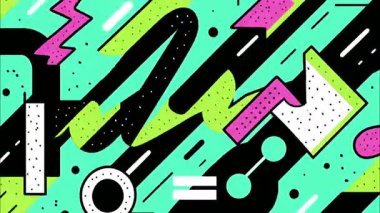 kaotik graffiti sokak sanatları çizgi filmi Geometrik 2D şekiller funky düz vektör soyut retro arkaplan, turkuaz taban, siyah morumsu yeşil yeşil dalgalı çalı fırça darbeleri damlalar nokta damlaları