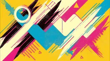 kalın graffiti çizgi roman tarzı pop sanat karikatürü geometrik 2D şekiller funky düz vektör soyut arka plan, sarı taban, cyan pembe mavi fırça çizgileri siyah mavi fırça çizgileri ışık çizgileri damlalar damlalar noktalar çizgiler, grunge tasarımı el çizimi