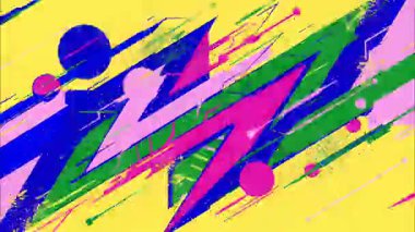 enerjik soyut pop sanat çizgi filmi geometrik 2D şekiller düz vektör retro arkaplan, sarı taban, cyan moru pembe siyah siyah fırça darbesi koyu renk parlak zigzag çizgiler çizgi çizgiler kavis üçgenler, el çizimi kaotik graffiti etkisi