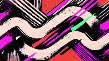 kaotik graffiti sokak sanatları çizgi filmi geometrik 2D şekiller funky düz vektör soyut arka plan, karanlık zemin, pembe cyan sarı mor dalgalı fırça darbeleri ışık çizgileri damlalar nokta damlaları, el çizimi grunge dokusu