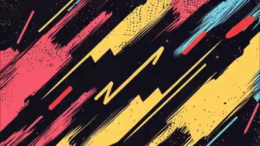 dinamik soyut geometrik pop sanat karikatürü 2D şekilleri funky düz vektör retro arkaplan, siyah taban, sarı pembe cyan mavi kalın köşegen fırça darbeleri şimşek zigzag çizgileri sıçrama noktaları, kaotik el çizimi grunge graffiti titreşimleri