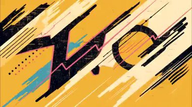 patlayıcı graffiti çizgi film tarzı pop sanat karikatürü geometrik 2D şekiller funky düz vektör retro arka plan, krem taban, siyah cyan mor turuncu fırça darbesi çizgileri nokta çizgileri damlaları, kaotik el çizgili sıkıntı titreşimler