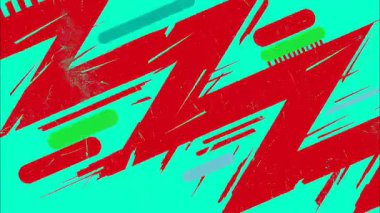 canlı soyut geometrik pop sanat karikatürü 2D şekilli funky düz vektör retro arkaplan, turkuaz taban, kırmızı yeşil siyah çalı fırça darbesi zigzag çizgileri ışık lekeleri damlalar noktalar damlalar, kaotik el çizimi graffiti titreşimleri