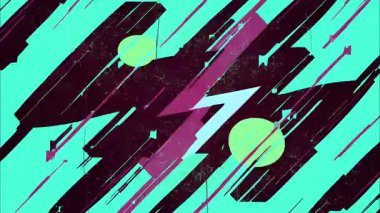 graffiti sokak sanatı komedi tarzı pop sanat karikatürü geometrik 2D şekiller funky düz vektör retro arkaplan, turkuaz taban, siyah morumsu yeşil şimşekler ışık çizgileri çizgiler damlalar, gergin el çizimi grunge dokusu,